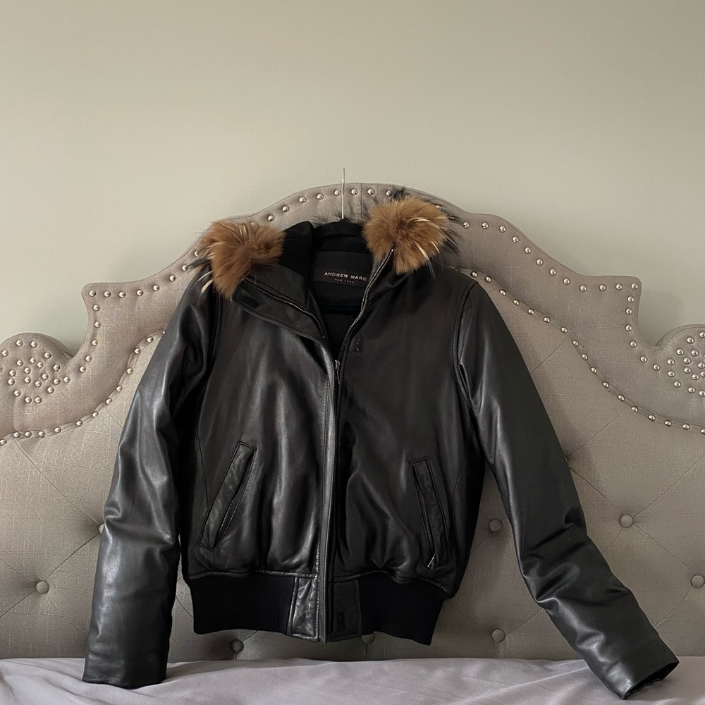 Andrew Marc Leather Jacket with Raccoon Fur Hood
